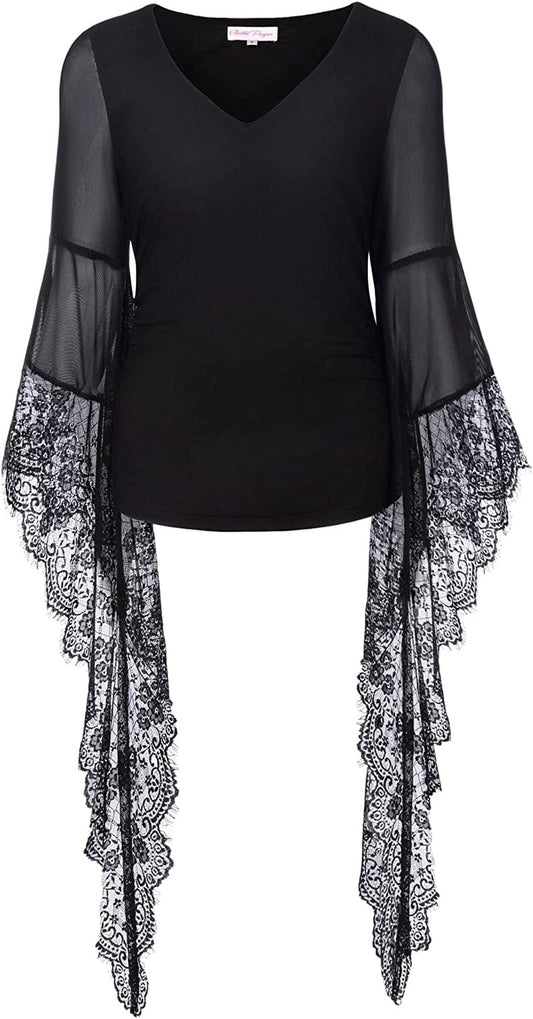 Womens Vintage Gothic Shirt Splice Sheer Sleeve Irregular Top Blouse Black / 3X-Large