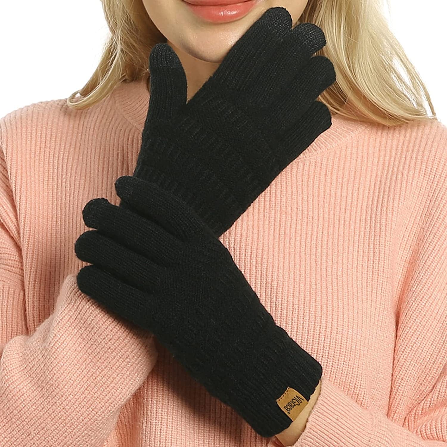 Womens Winter Touchscreen Gloves Cable Knit Warm Lined 3 Fingers Dual-Layer Touch Screen Texting Mitten Glove for Women Apparel & Accessories > Clothing Accessories > Gloves & Mittens ViGrace Black