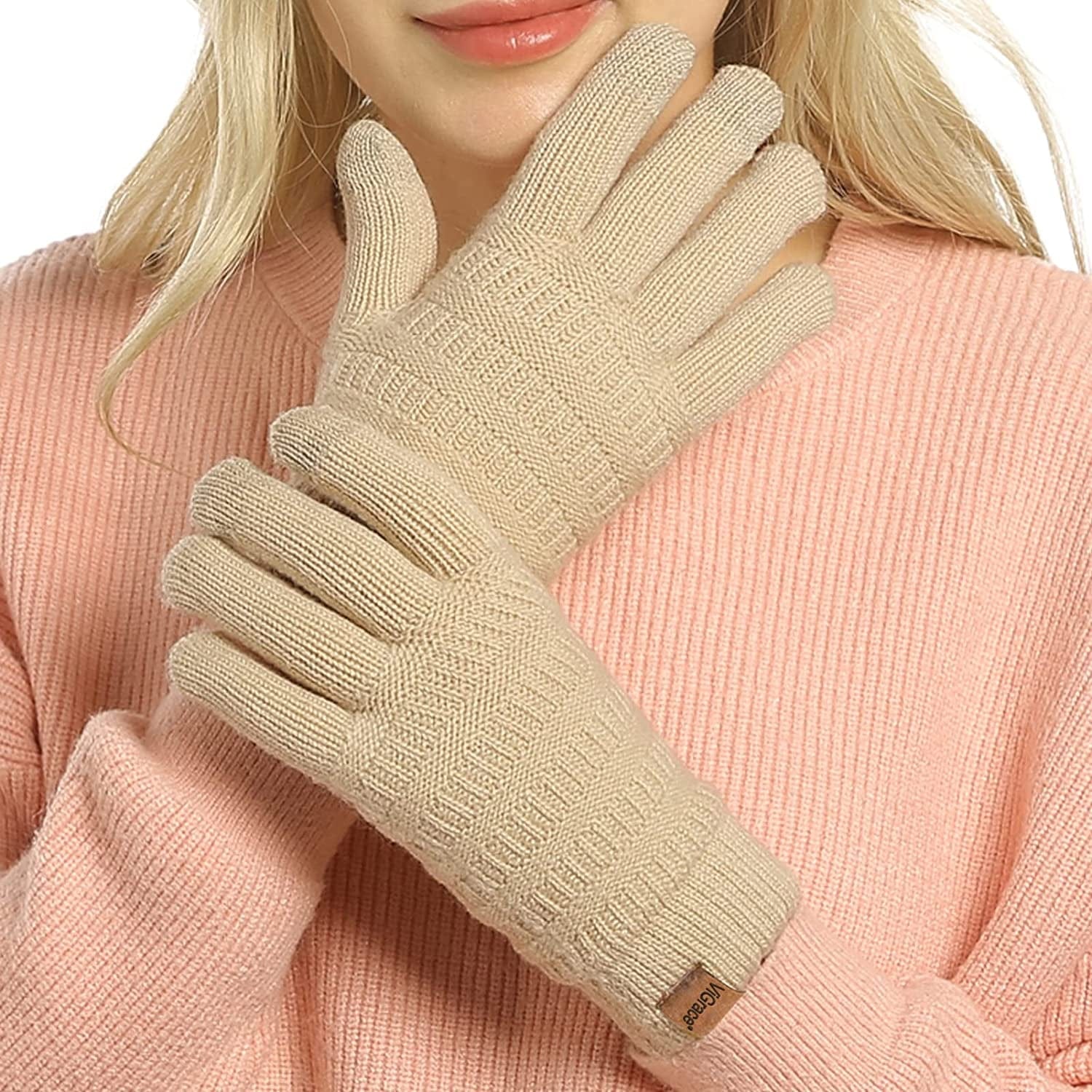 Womens Winter Touchscreen Gloves Cable Knit Warm Lined 3 Fingers Dual-Layer Touch Screen Texting Mitten Glove for Women Apparel & Accessories > Clothing Accessories > Gloves & Mittens ViGrace Beige