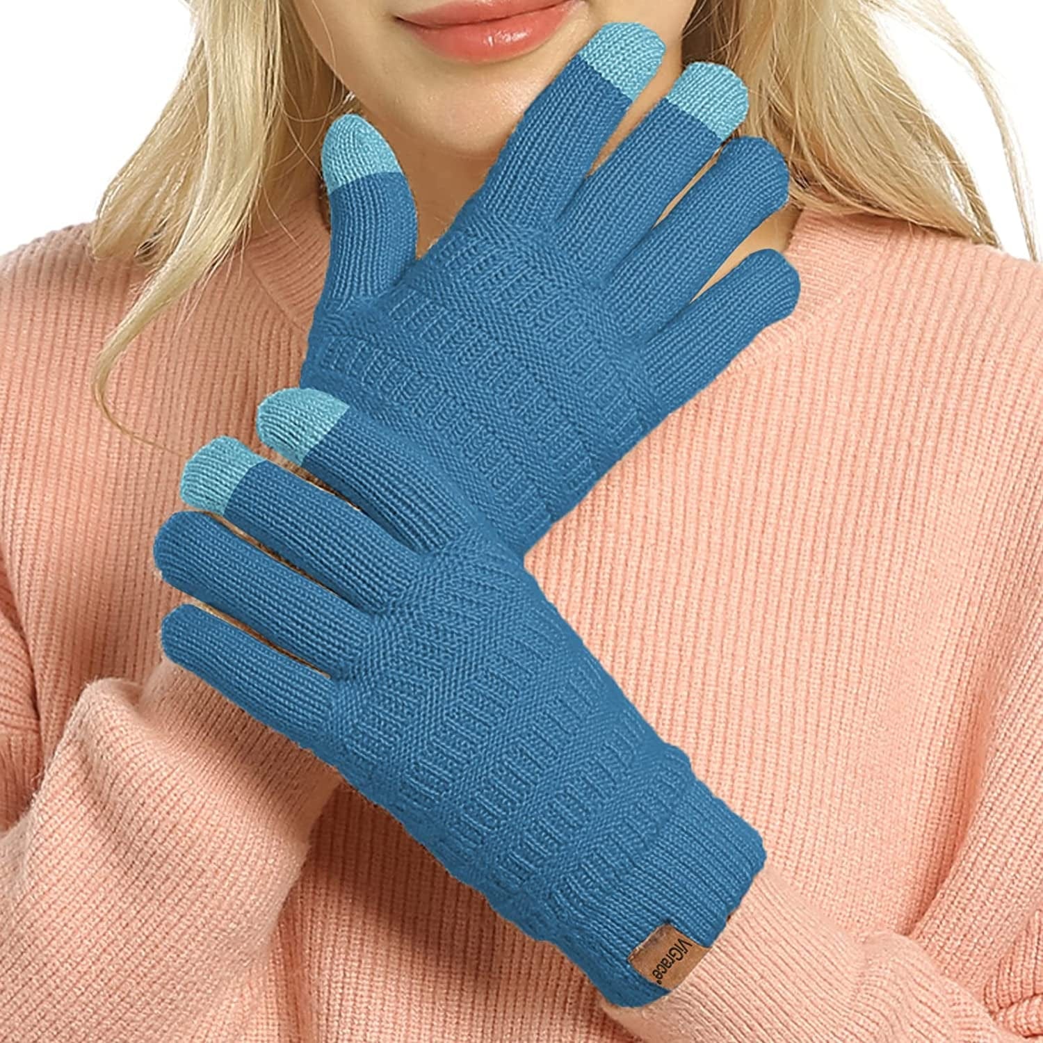 Womens Winter Touchscreen Gloves Cable Knit Warm Lined 3 Fingers Dual-Layer Touch Screen Texting Mitten Glove for Women Apparel & Accessories > Clothing Accessories > Gloves & Mittens ViGrace Blue
