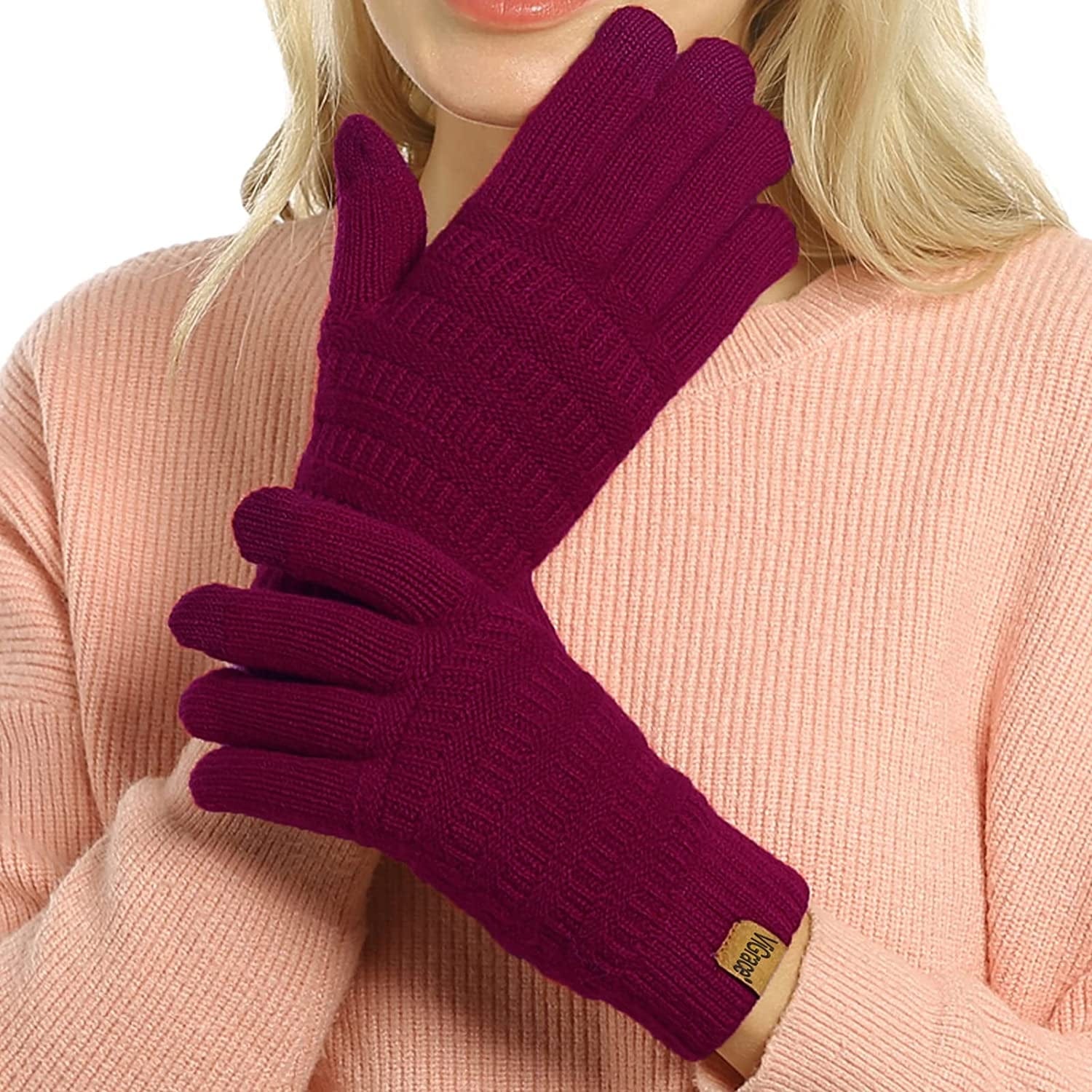 Womens Winter Touchscreen Gloves Cable Knit Warm Lined 3 Fingers Dual-Layer Touch Screen Texting Mitten Glove for Women Apparel & Accessories > Clothing Accessories > Gloves & Mittens ViGrace Burgundy