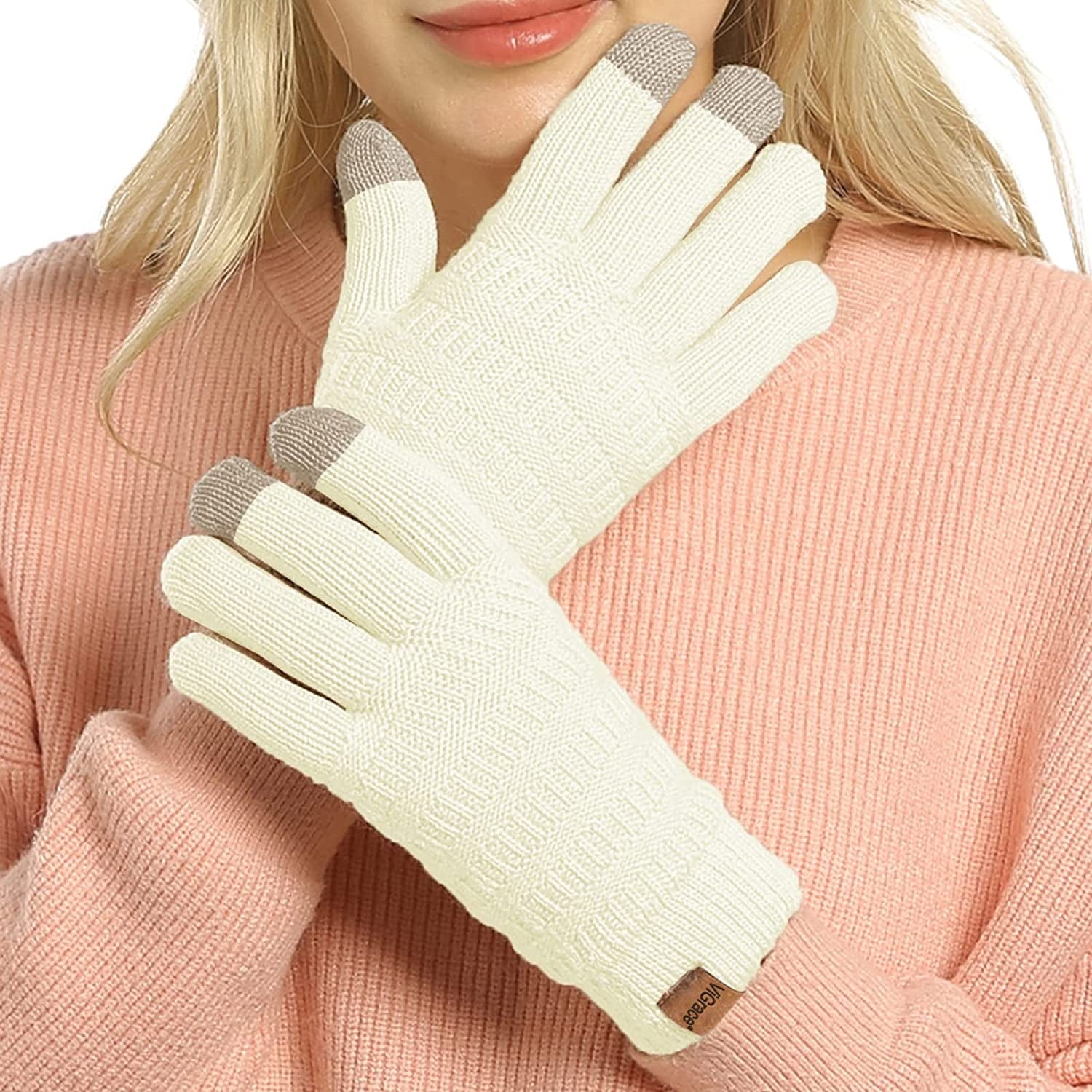 Womens Winter Touchscreen Gloves Cable Knit Warm Lined 3 Fingers Dual-Layer Touch Screen Texting Mitten Glove for Women Apparel & Accessories > Clothing Accessories > Gloves & Mittens ViGrace Ivory