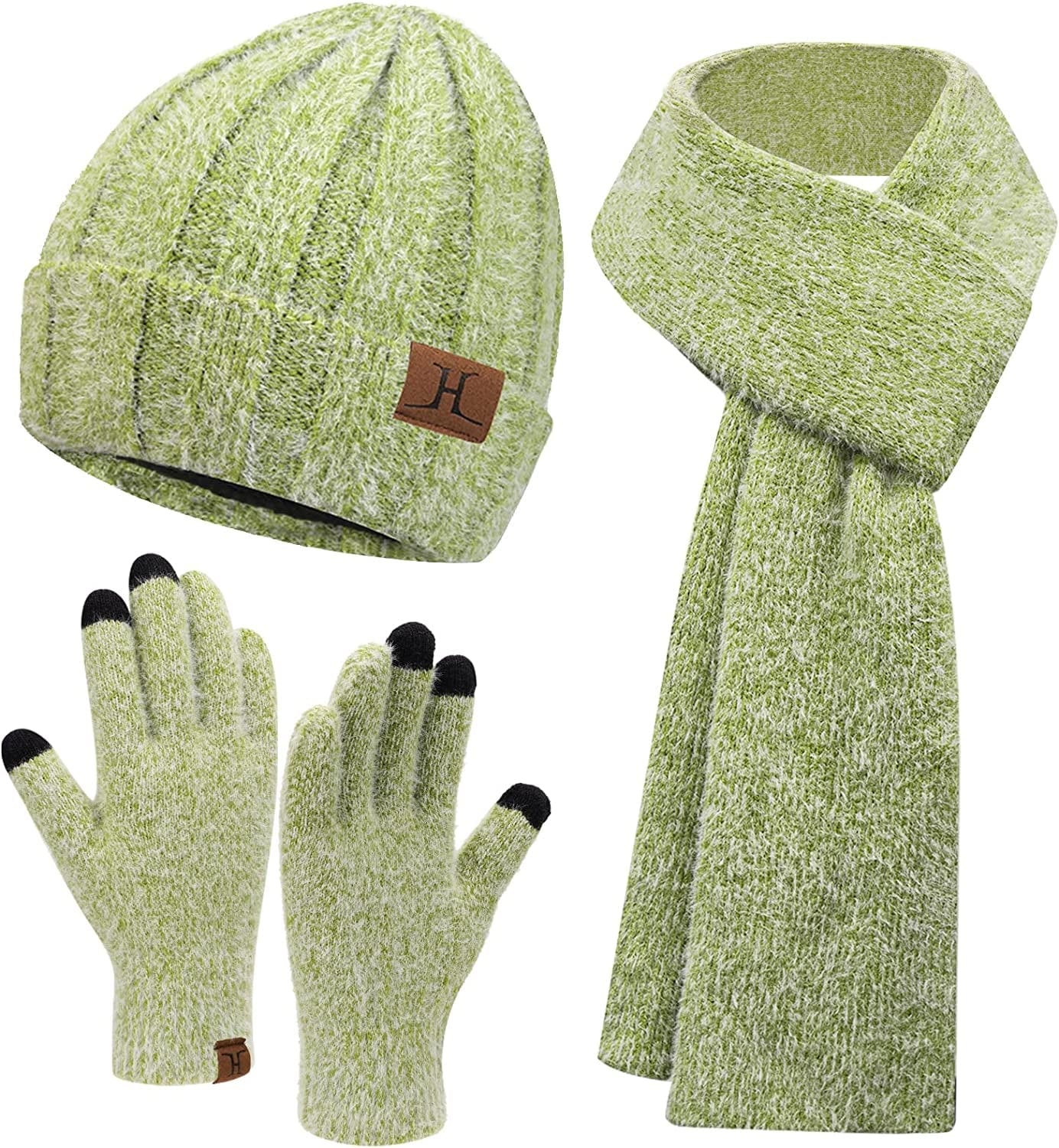 Womens Winter Warm Knit Beanie Hat Touchscreen Gloves Long Scarf Set with Fleece Lined Skull Caps Neck Scarves for Women Men Apparel & Accessories > Clothing Accessories > Gloves & Mittens FZ FANTASTIC ZONE Hat&scarf&gloves-green One Size
