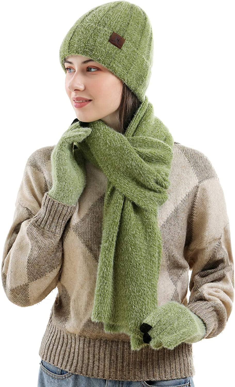 Womens Winter Warm Knit Beanie Hat Touchscreen Gloves Long Scarf Set with Fleece Lined Skull Caps Neck Scarves for Women Men Apparel & Accessories > Clothing Accessories > Gloves & Mittens FZ FANTASTIC ZONE