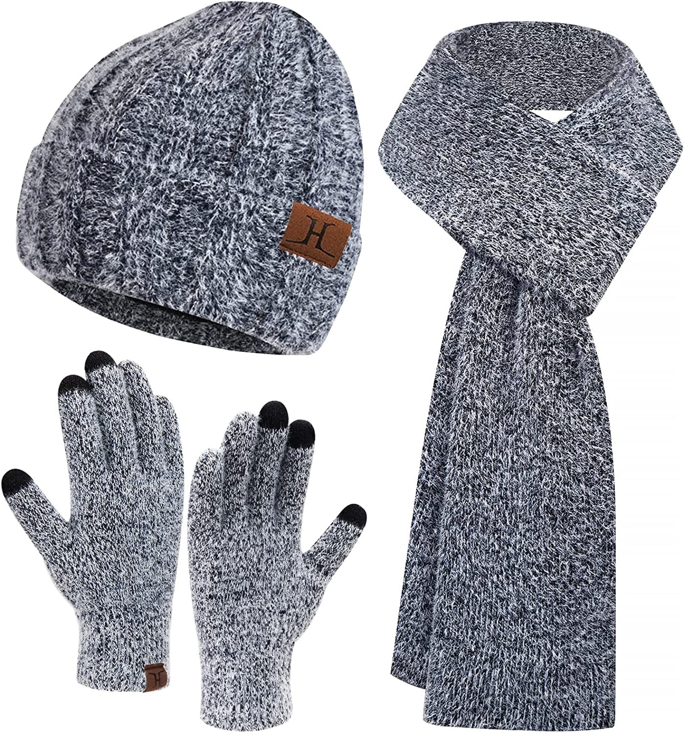 Womens Winter Warm Knit Beanie Hat Touchscreen Gloves Long Scarf Set with Fleece Lined Skull Caps Neck Scarves for Women Men Apparel & Accessories > Clothing Accessories > Gloves & Mittens FZ FANTASTIC ZONE Hat&scarf&gloves-dark Blue One Size