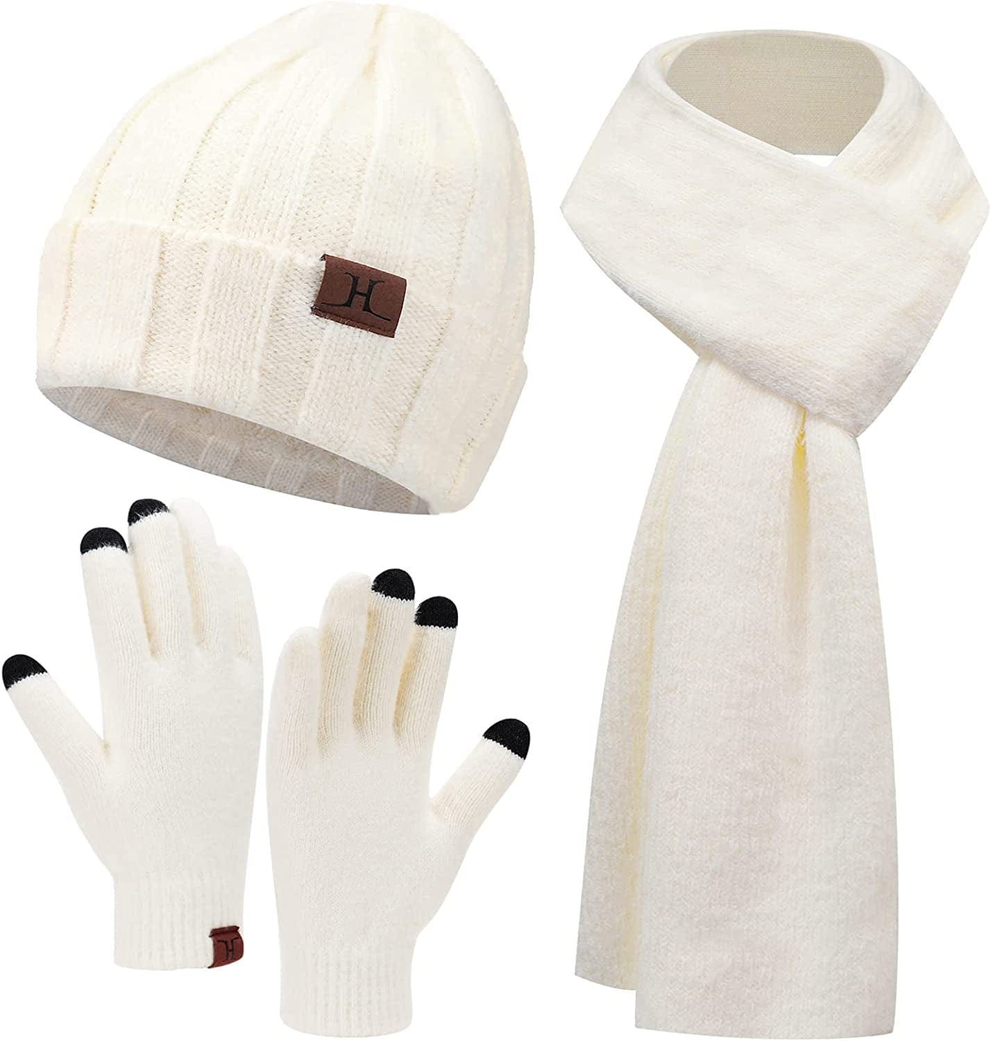 Womens Winter Warm Knit Beanie Hat Touchscreen Gloves Long Scarf Set with Fleece Lined Skull Caps Neck Scarves for Women Men Apparel & Accessories > Clothing Accessories > Gloves & Mittens FZ FANTASTIC ZONE Hat&scarf&gloves-white One Size