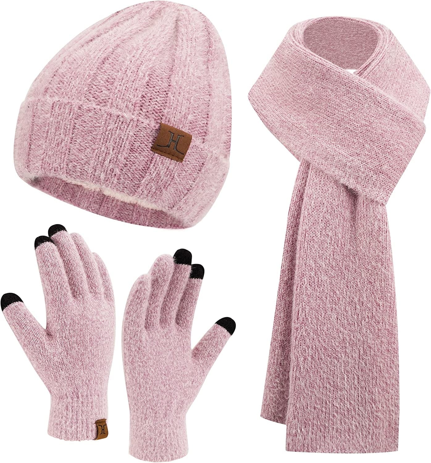 Womens Winter Warm Knit Beanie Hat Touchscreen Gloves Long Scarf Set with Fleece Lined Skull Caps Neck Scarves for Women Men Apparel & Accessories > Clothing Accessories > Gloves & Mittens FZ FANTASTIC ZONE Hat&scarf&gloves-pink Purple One Size