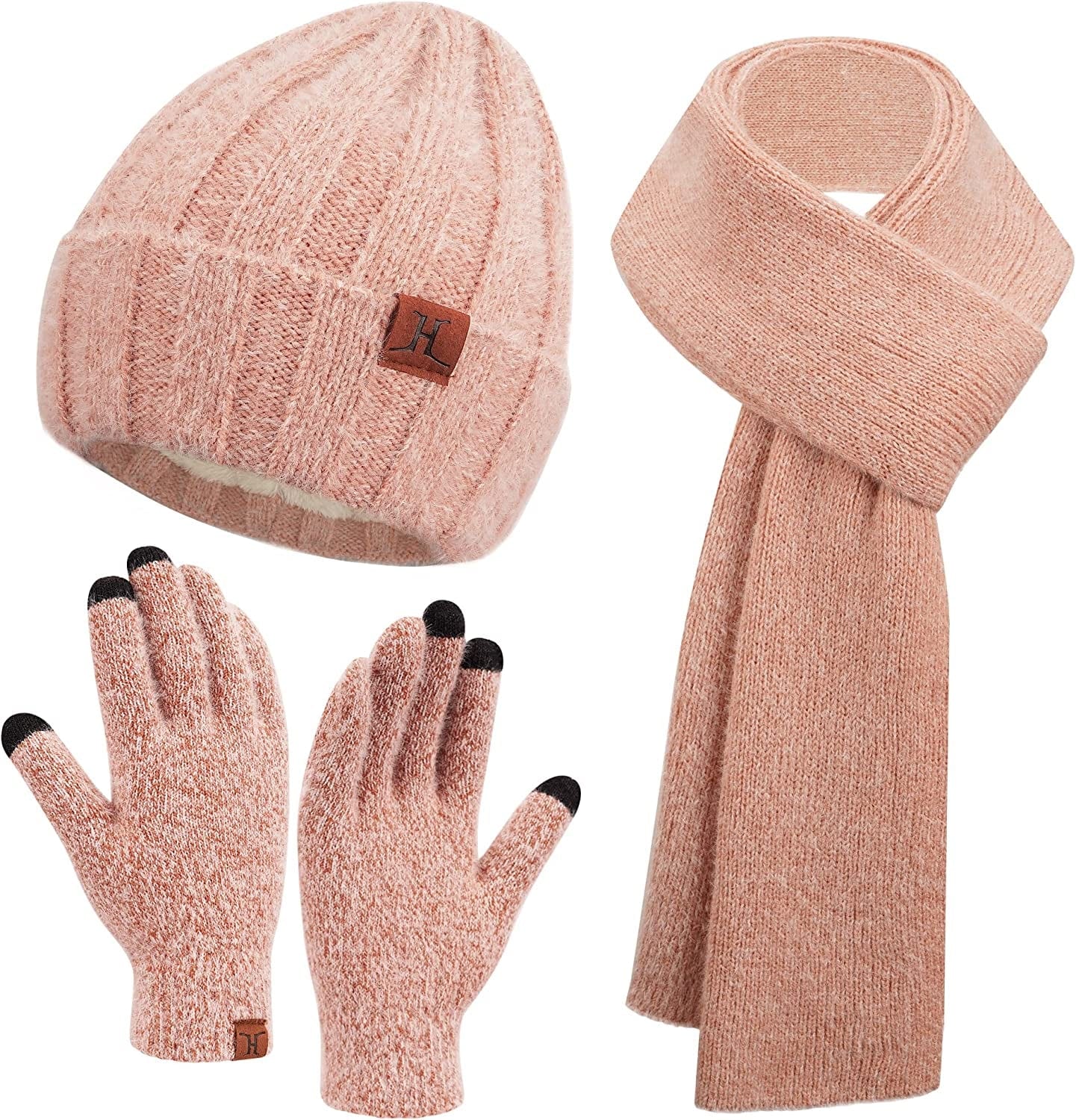 Womens Winter Warm Knit Beanie Hat Touchscreen Gloves Long Scarf Set with Fleece Lined Skull Caps Neck Scarves for Women Men Apparel & Accessories > Clothing Accessories > Gloves & Mittens FZ FANTASTIC ZONE Hat&scarf&gloves-pink One Size