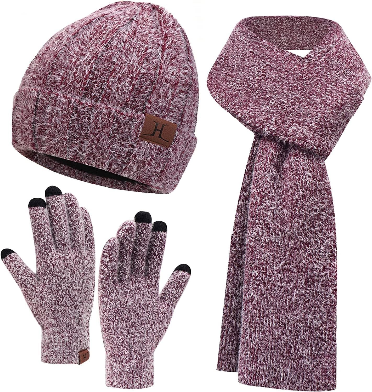 Womens Winter Warm Knit Beanie Hat Touchscreen Gloves Long Scarf Set with Fleece Lined Skull Caps Neck Scarves for Women Men Apparel & Accessories > Clothing Accessories > Gloves & Mittens FZ FANTASTIC ZONE Hat&scarf&gloves-wine Red One Size