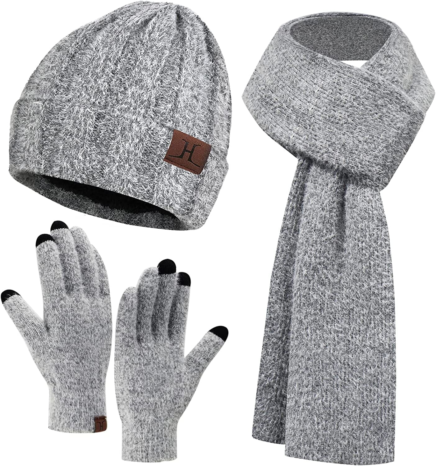 Womens Winter Warm Knit Beanie Hat Touchscreen Gloves Long Scarf Set with Fleece Lined Skull Caps Neck Scarves for Women Men Apparel & Accessories > Clothing Accessories > Gloves & Mittens FZ FANTASTIC ZONE Hat&scarf&gloves-grey One Size