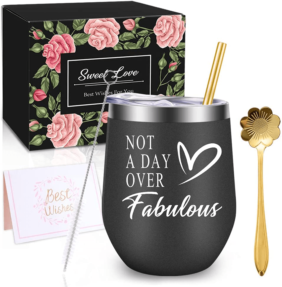 WONDAY Gifts for Women-Birthday Gifts for Women-Wine Gifts Ideas for Women, Mother, BFF, Mom, Friends, Wife, Daughter, Sister, 12 OZ Stainless Steel Wine Tumbler with Lid and Coffee Spoon (RoseGold) Arts & Entertainment > Party & Celebration > Gift Giving WONDAY Black