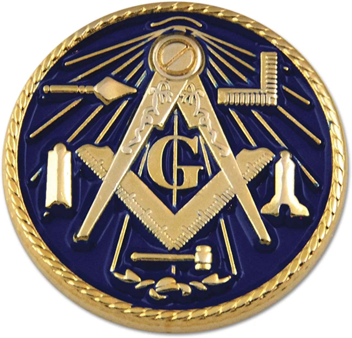 Working Tools square and compass round masonic lapel pin in blue and gold