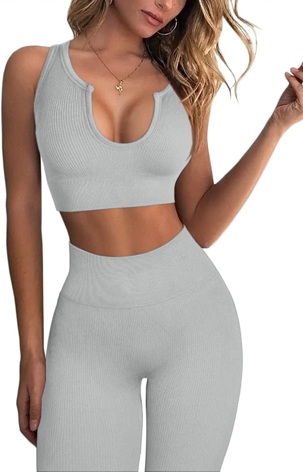 Workout Outfits for Women 2 Piece Ribbed Seamless Crop Tank High Waist Yoga Leggings Sets Light Grey / Large