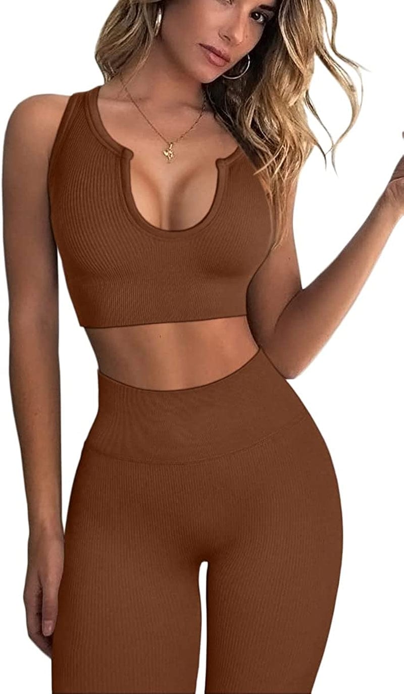 Workout Outfits for Women 2 Piece Ribbed Seamless Crop Tank High Waist Yoga Leggings Sets Brwon / Small