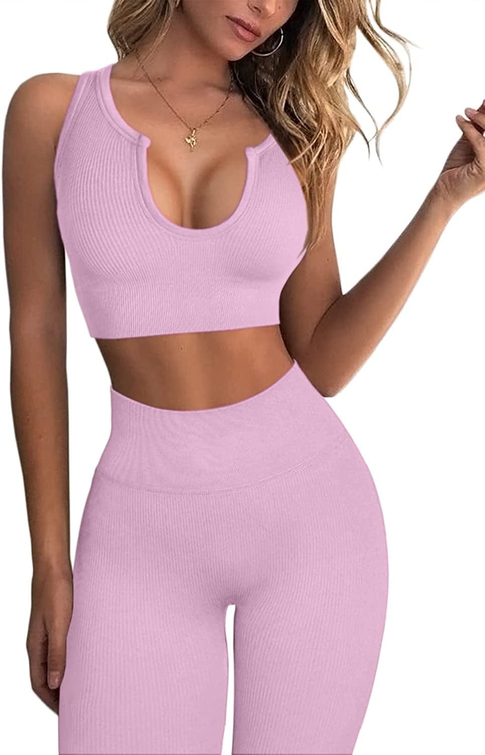 Workout Outfits for Women 2 Piece Ribbed Seamless Crop Tank High Waist Yoga Leggings Sets Dusty Pink / Medium