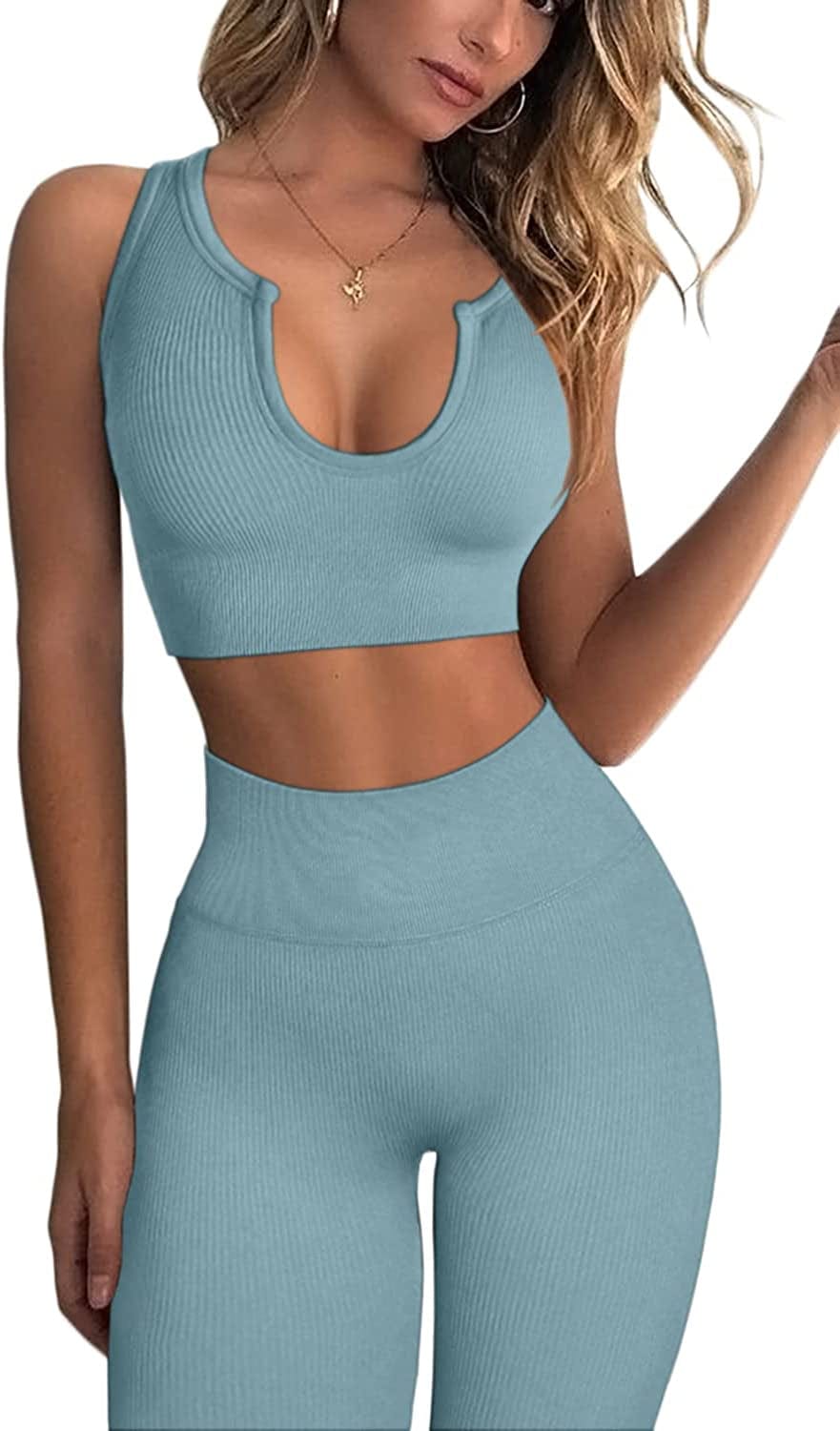 Workout Outfits for Women 2 Piece Ribbed Seamless Crop Tank High Waist Yoga Leggings Sets Blue / Small