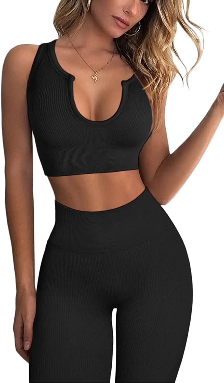 Workout Outfits for Women 2 Piece Ribbed Seamless Crop Tank High Waist Yoga Leggings Sets Black / Medium