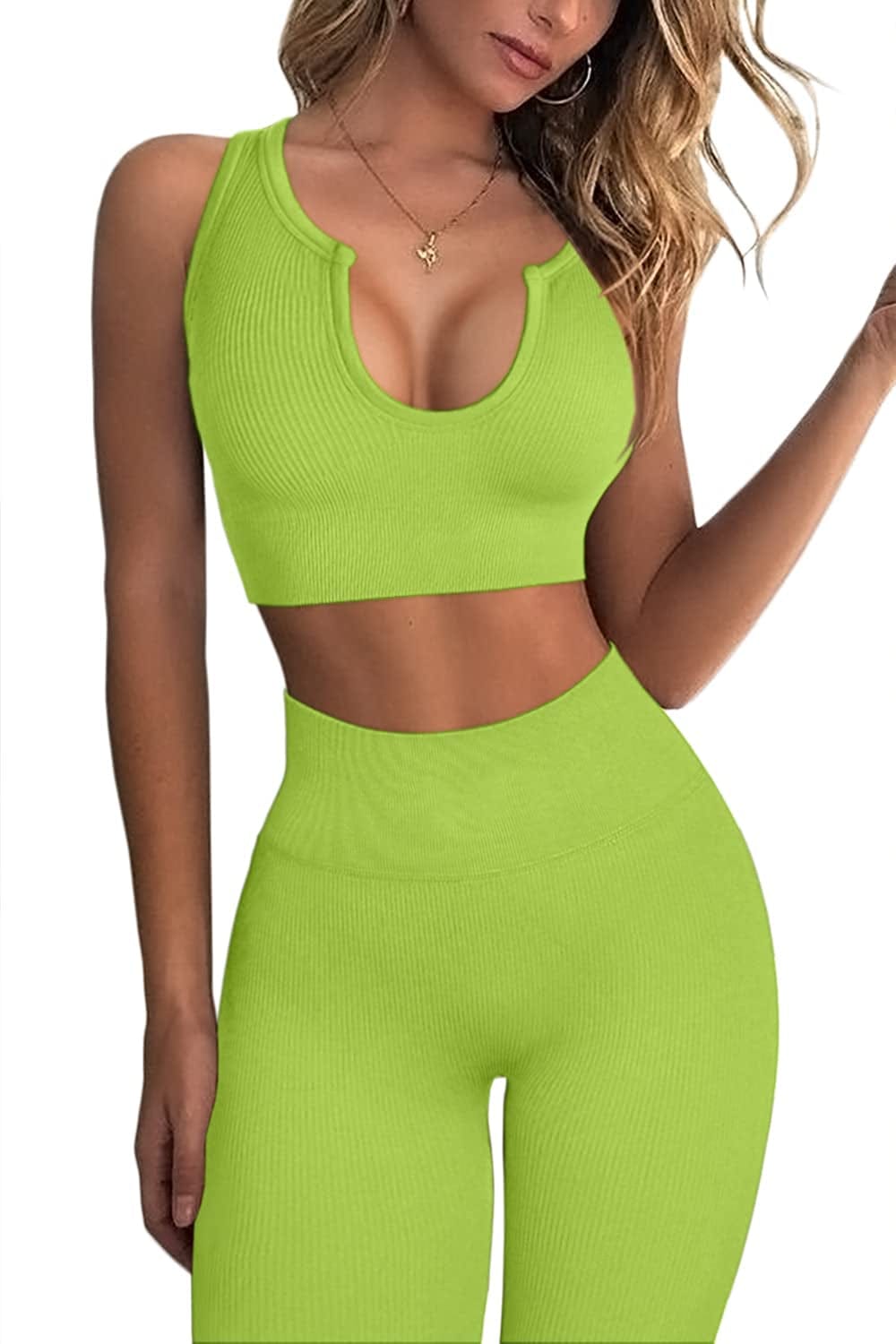 Workout Outfits for Women 2 Piece Ribbed Seamless Crop Tank High Waist Yoga Leggings Sets Grass Green / X-Small