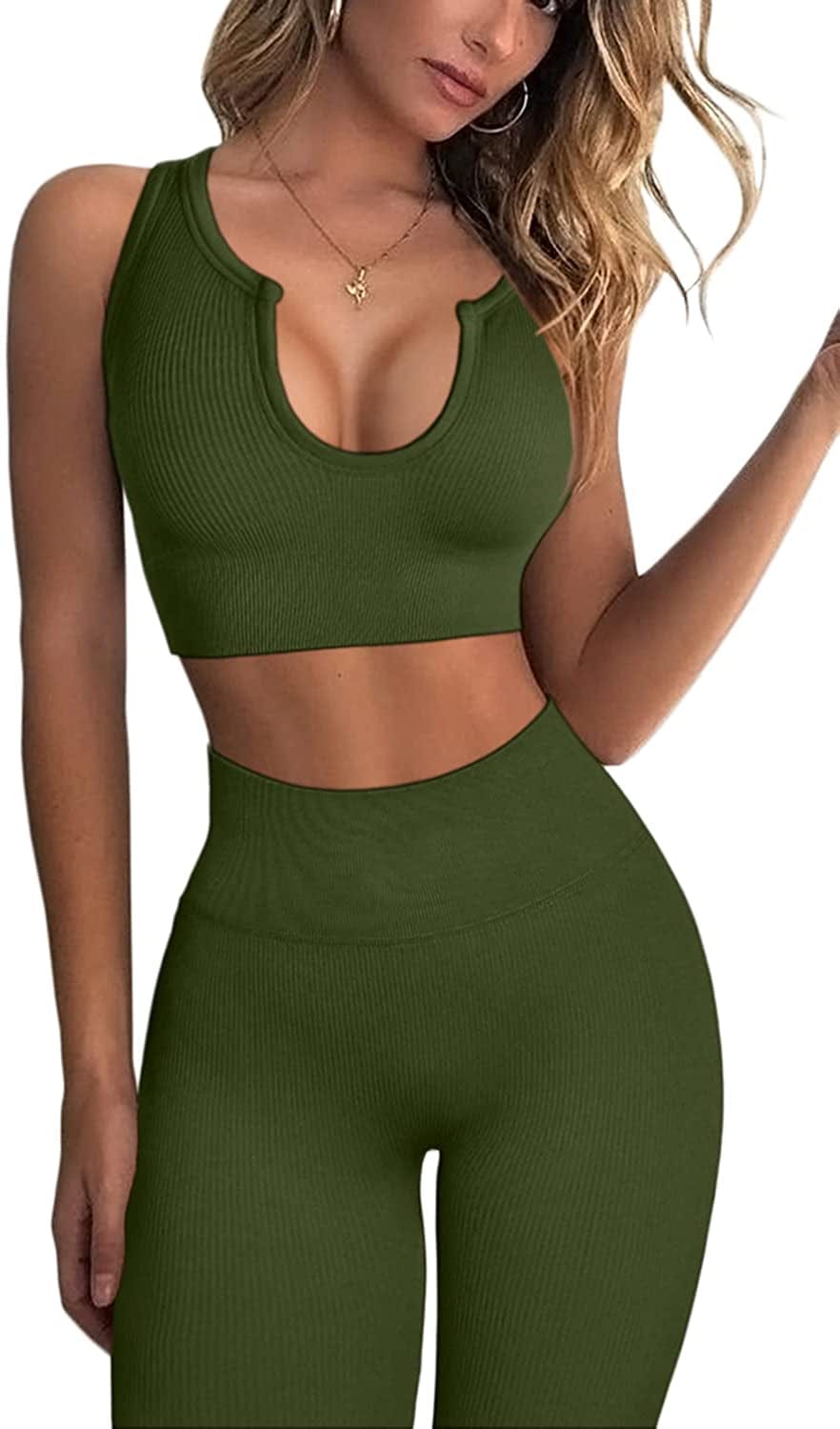 Workout Outfits for Women 2 Piece Ribbed Seamless Crop Tank High Waist Yoga Leggings Sets Army Green / X-Small