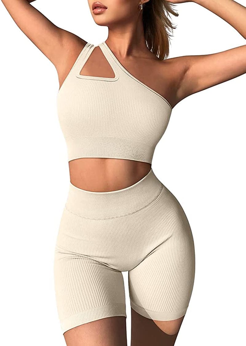 Workout Outfits for Women 2 Piece Ribbed Seamless High Waist Shorts with One Shoulder Crop Tops Exercise Set Beige1 / Medium