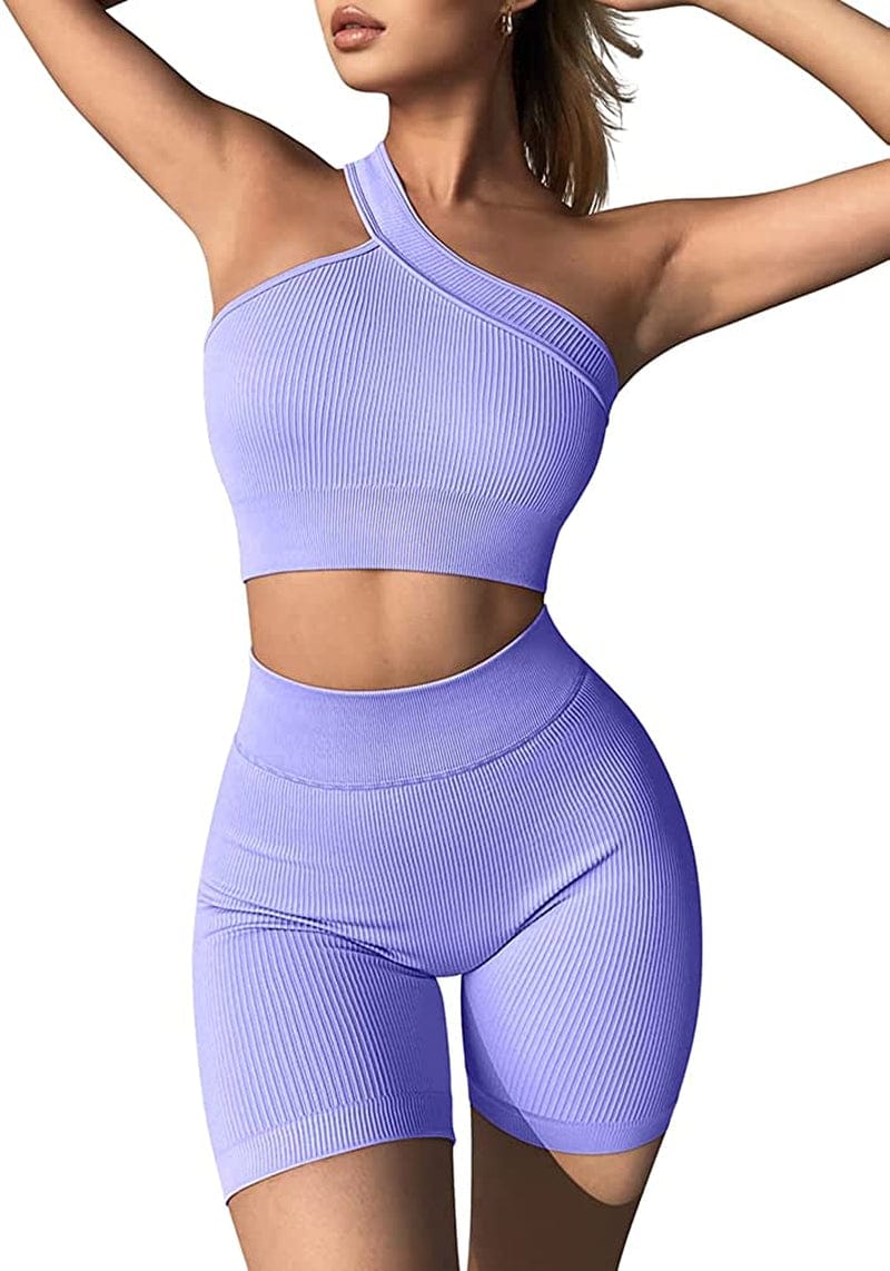 Workout Outfits for Women 2 Piece Ribbed Seamless High Waist Shorts with One Shoulder Crop Tops Exercise Set Purple / Large