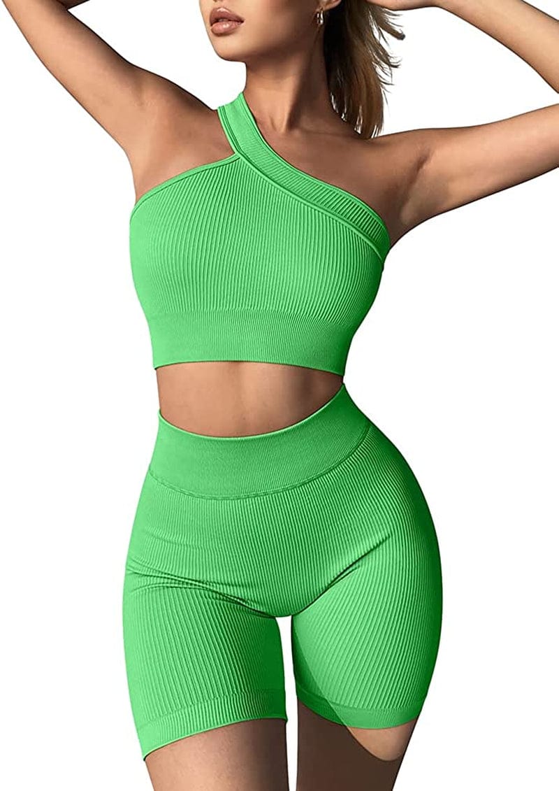 Workout Outfits for Women 2 Piece Ribbed Seamless High Waist Shorts with One Shoulder Crop Tops Exercise Set Lightgreen / Large