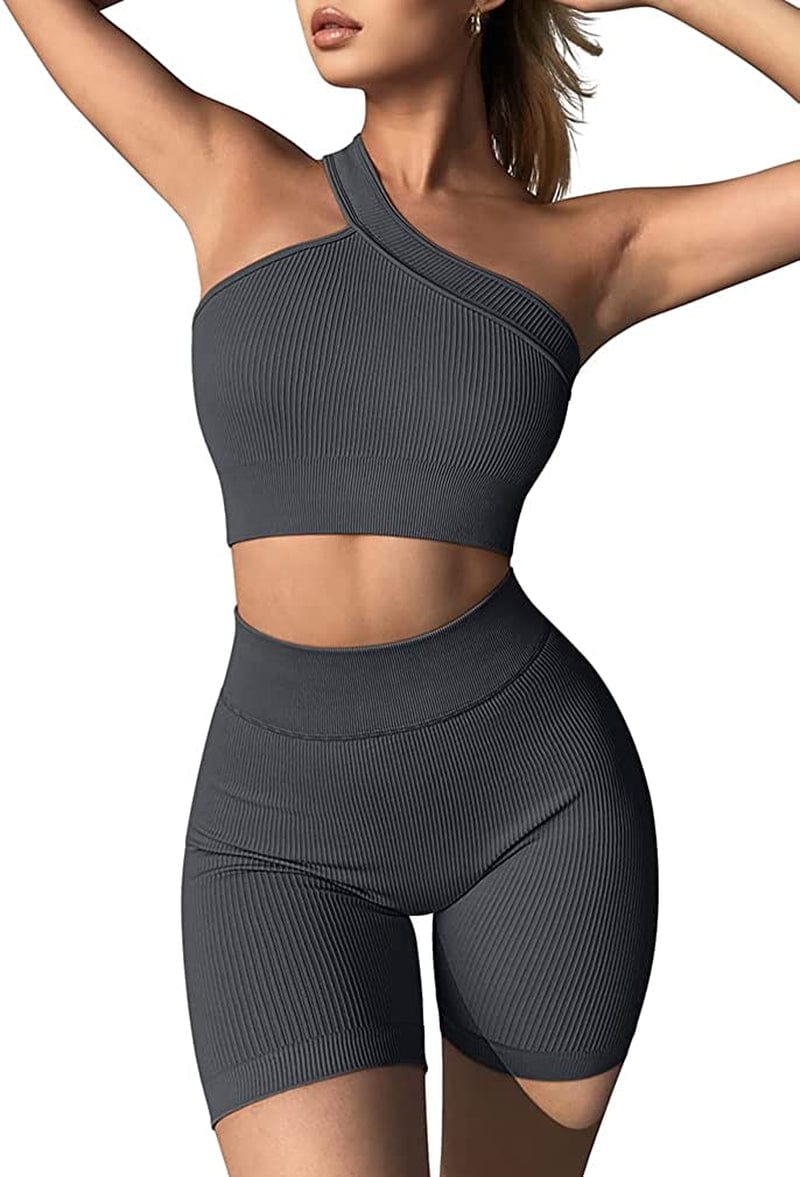 Workout Outfits for Women 2 Piece Ribbed Seamless High Waist Shorts with One Shoulder Crop Tops Exercise Set Darkgrey / Medium