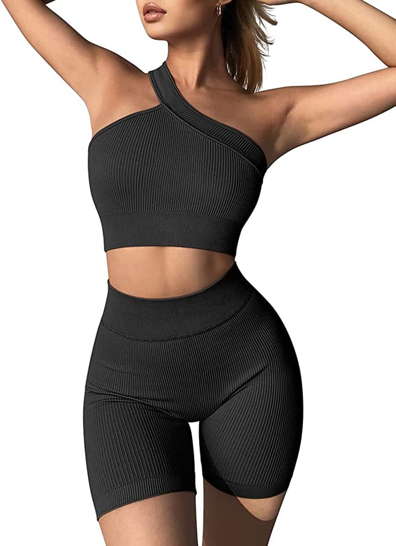 Workout Outfits for Women 2 Piece Ribbed Seamless High Waist Shorts with One Shoulder Crop Tops Exercise Set Black / Medium