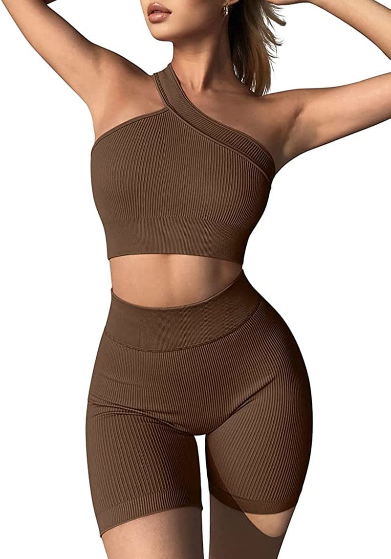 Workout Outfits for Women 2 Piece Ribbed Seamless High Waist Shorts with One Shoulder Crop Tops Exercise Set Coffee / Large