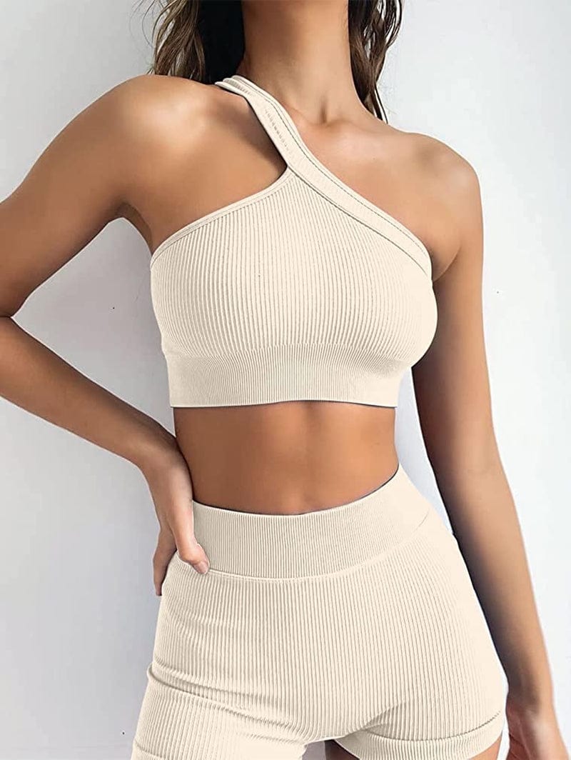 Workout Outfits for Women 2 Piece Ribbed Seamless High Waist Shorts with One Shoulder Crop Tops Exercise Set