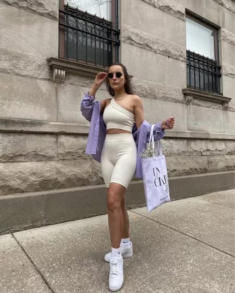 Workout Outfits for Women 2 Piece Ribbed Seamless High Waist Shorts with One Shoulder Crop Tops Exercise Set