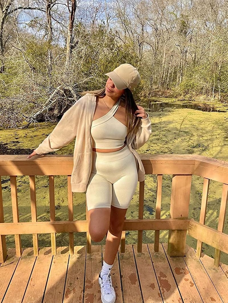 Workout Outfits for Women 2 Piece Ribbed Seamless High Waist Shorts with One Shoulder Crop Tops Exercise Set