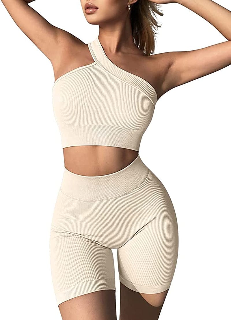 Workout Outfits for Women 2 Piece Ribbed Seamless High Waist Shorts with One Shoulder Crop Tops Exercise Set Beige / Large