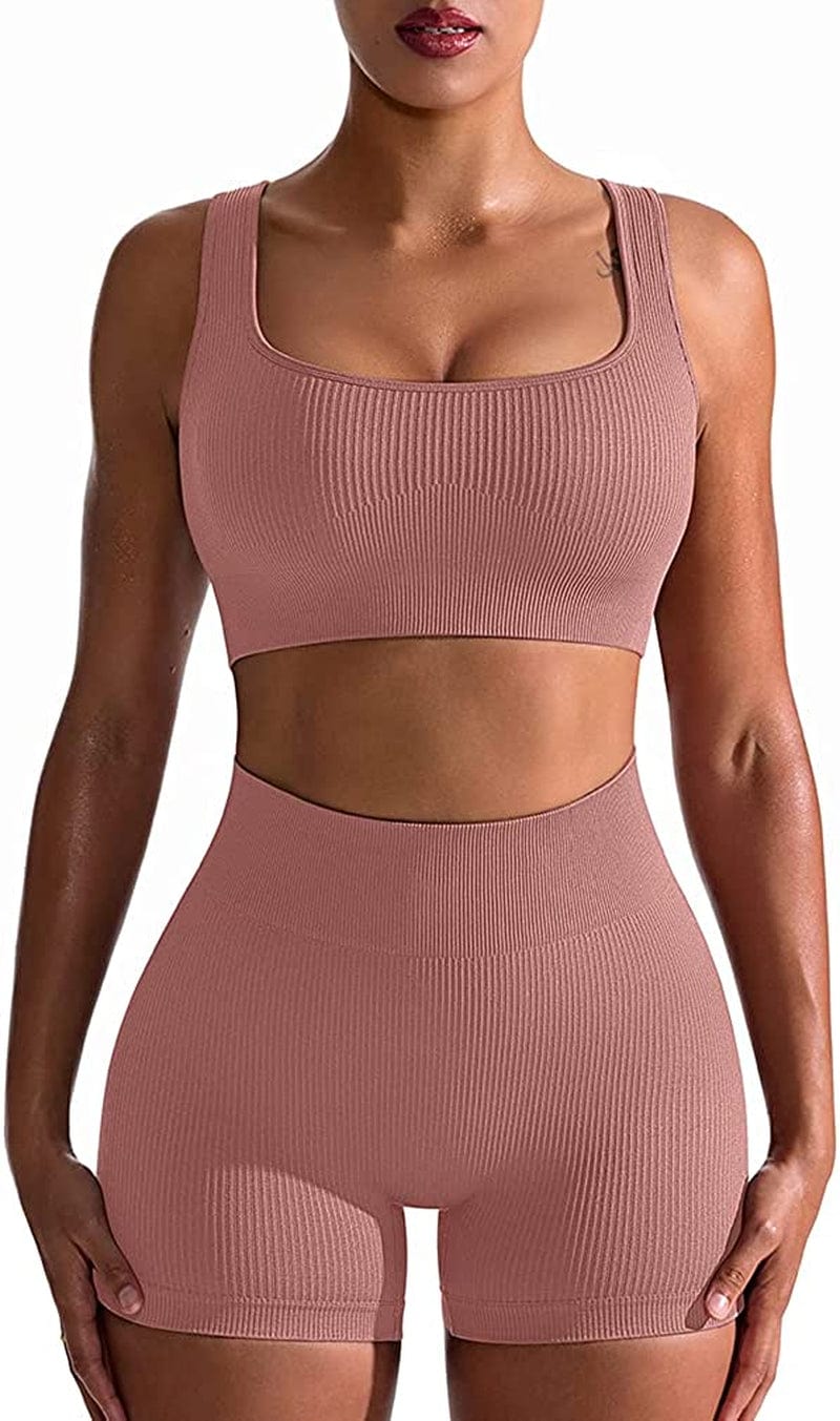 Workout Outfits for Women 2 Piece Seamless Ribbed High Waist Leggings with Sports Bra Exercise Set Warmpink / Large