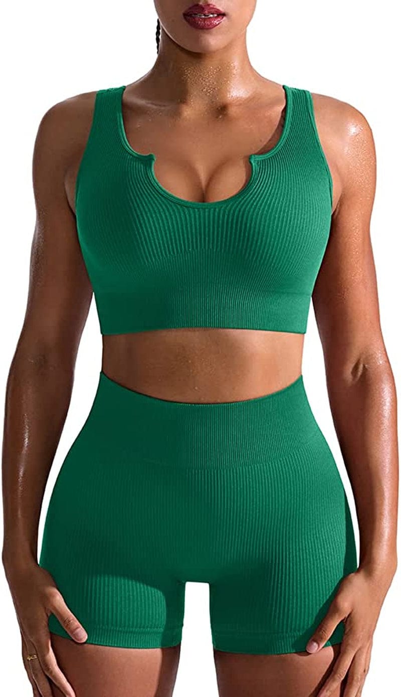 Workout Outfits for Women 2 Piece Seamless Ribbed High Waist Leggings with Sports Bra Exercise Set Green1 / Medium