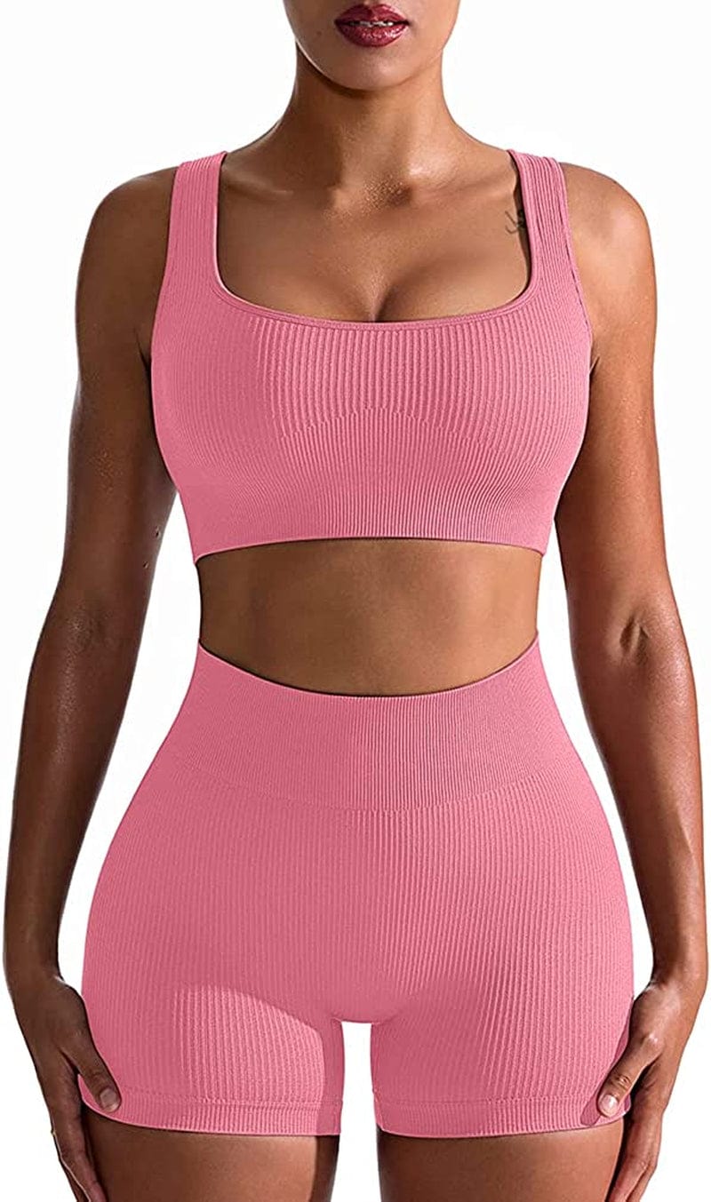 Workout Outfits for Women 2 Piece Seamless Ribbed High Waist Leggings with Sports Bra Exercise Set Peachred / Small