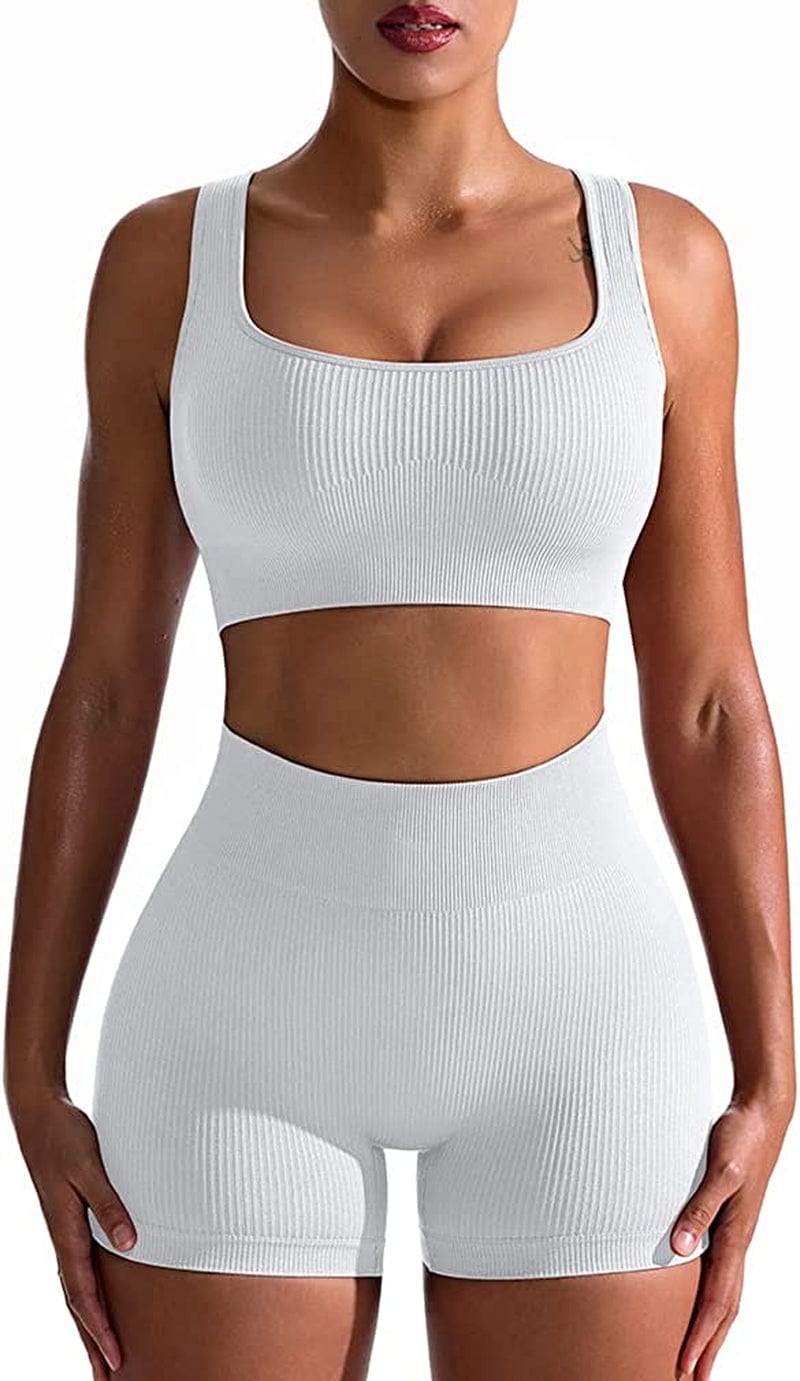 Workout Outfits for Women 2 Piece Seamless Ribbed High Waist Leggings with Sports Bra Exercise Set White / Medium