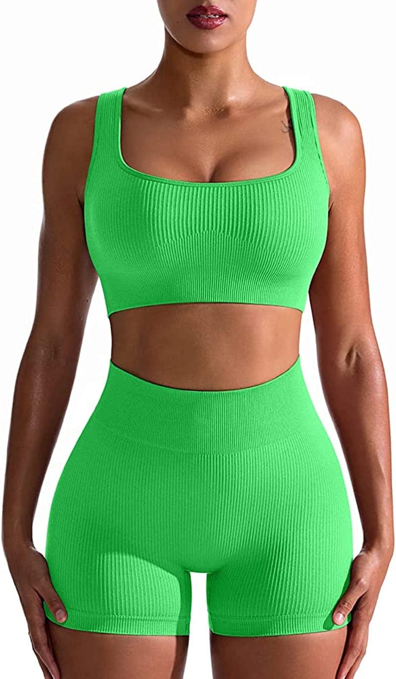 Workout Outfits for Women 2 Piece Seamless Ribbed High Waist Leggings with Sports Bra Exercise Set Brightgreen / Medium