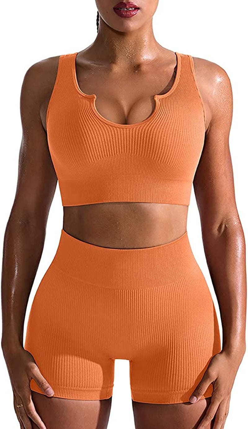 Workout Outfits for Women 2 Piece Seamless Ribbed High Waist Leggings with Sports Bra Exercise Set Orange1 / Small