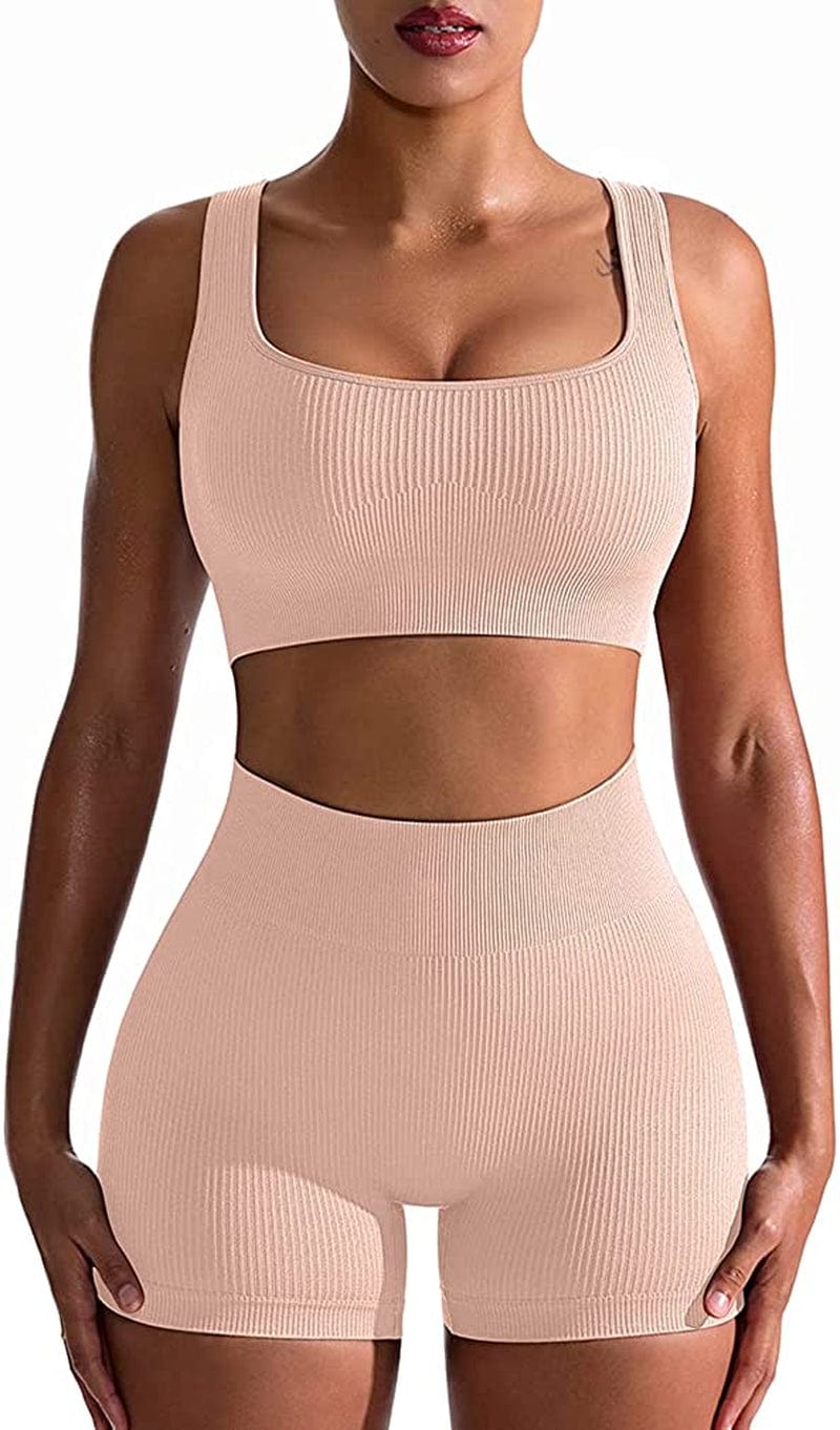 Workout Outfits for Women 2 Piece Seamless Ribbed High Waist Leggings with Sports Bra Exercise Set Fleshpink / Large