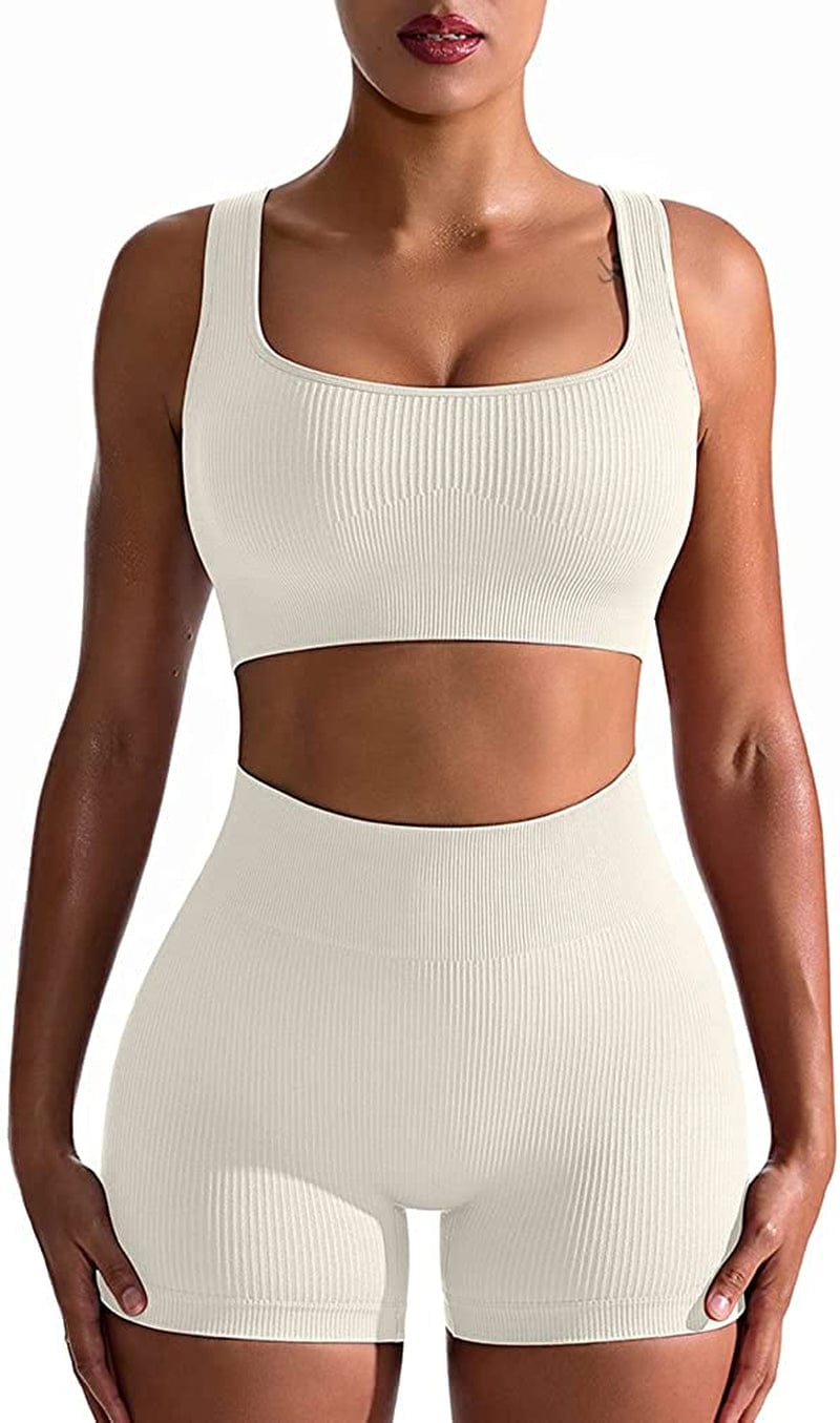 Workout Outfits for Women 2 Piece Seamless Ribbed High Waist Leggings with Sports Bra Exercise Set Beige / Large
