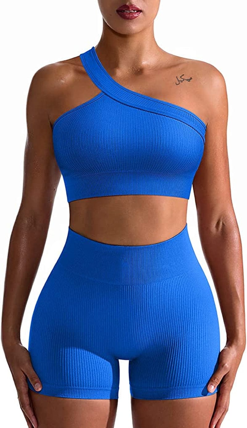 Workout Outfits for Women 2 Piece Seamless Ribbed High Waist Leggings with Sports Bra Exercise Set Blue5 / Large