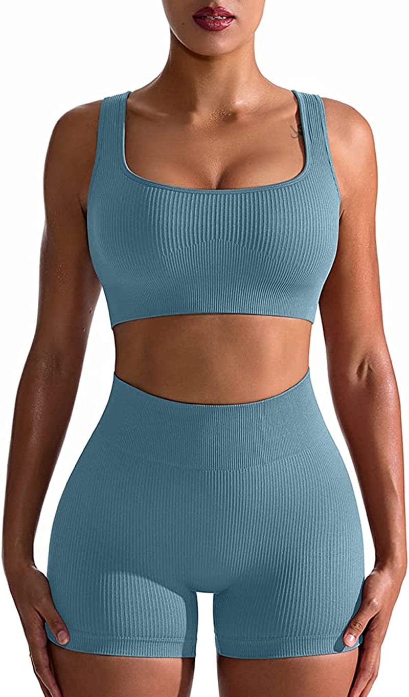 Workout Outfits for Women 2 Piece Seamless Ribbed High Waist Leggings with Sports Bra Exercise Set Blue / Large
