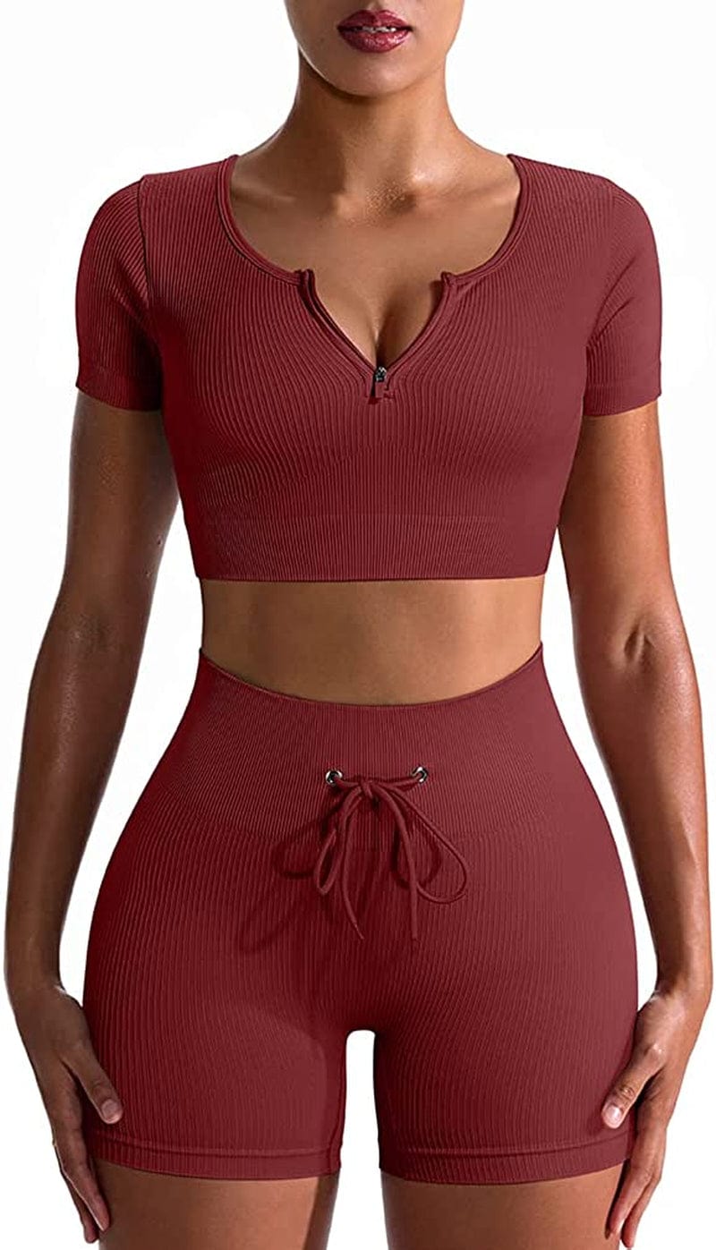 Workout Outfits for Women 2 Piece Seamless Ribbed High Waist Leggings with Sports Bra Exercise Set