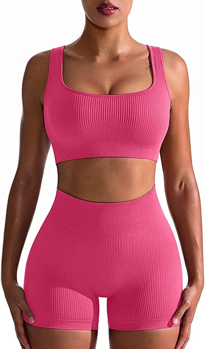 Workout Outfits for Women 2 Piece Seamless Ribbed High Waist Leggings with Sports Bra Exercise Set