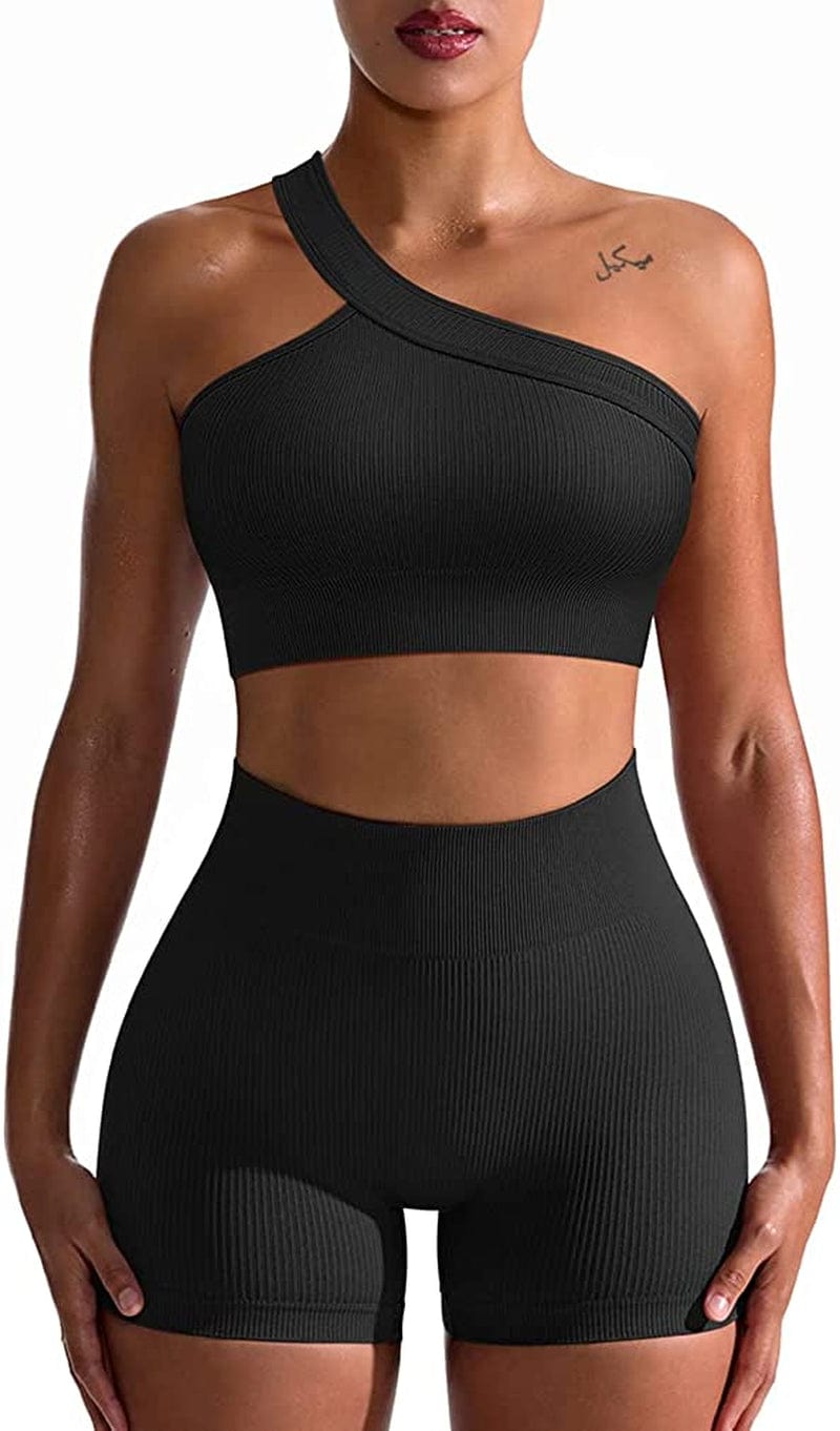 Workout Outfits for Women 2 Piece Seamless Ribbed High Waist Leggings with Sports Bra Exercise Set Black5 / Small