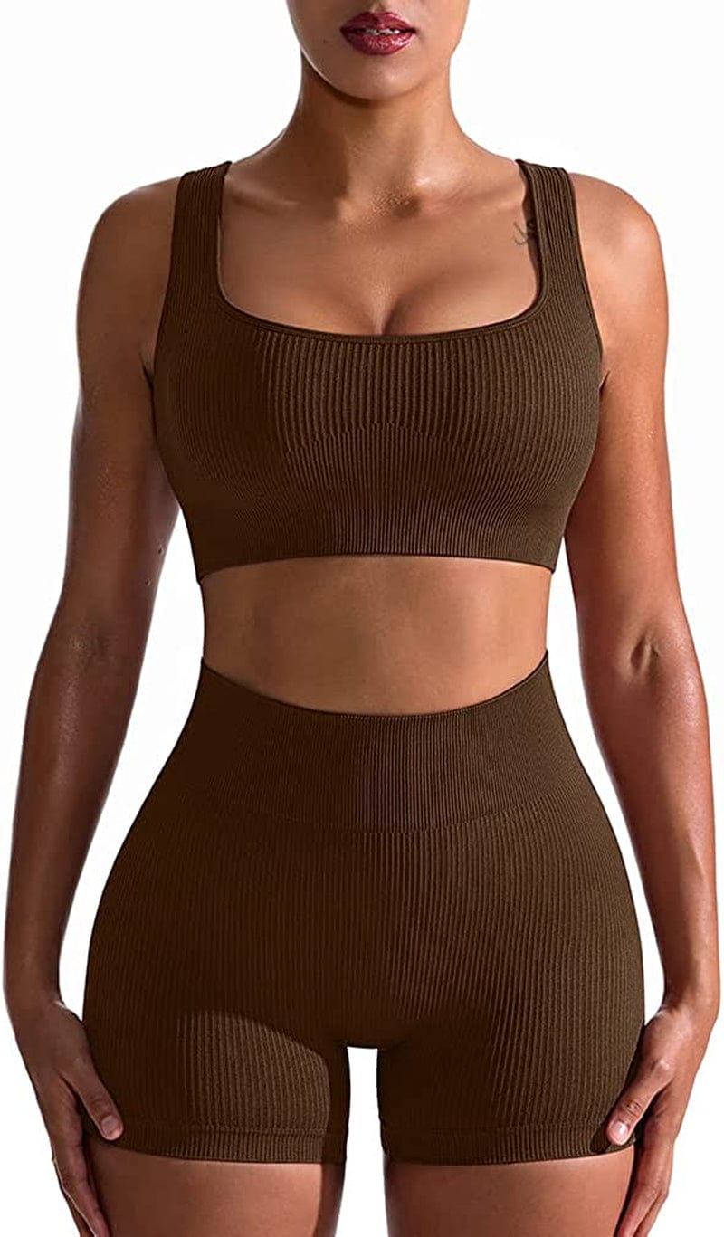 Workout Outfits for Women 2 Piece Seamless Ribbed High Waist Leggings with Sports Bra Exercise Set Coffee / Medium