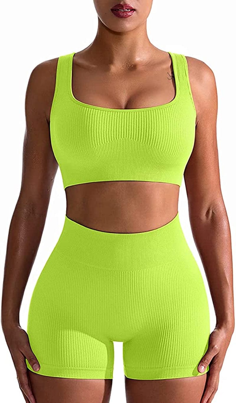 Workout Outfits for Women 2 Piece Seamless Ribbed High Waist Leggings with Sports Bra Exercise Set Grassgreen / Medium