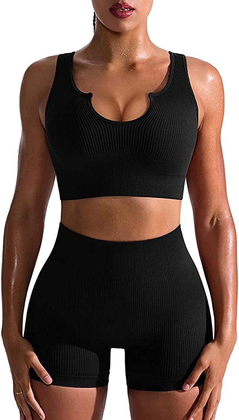 Workout Outfits for Women 2 Piece Seamless Ribbed High Waist Leggings with Sports Bra Exercise Set Black1 / Large