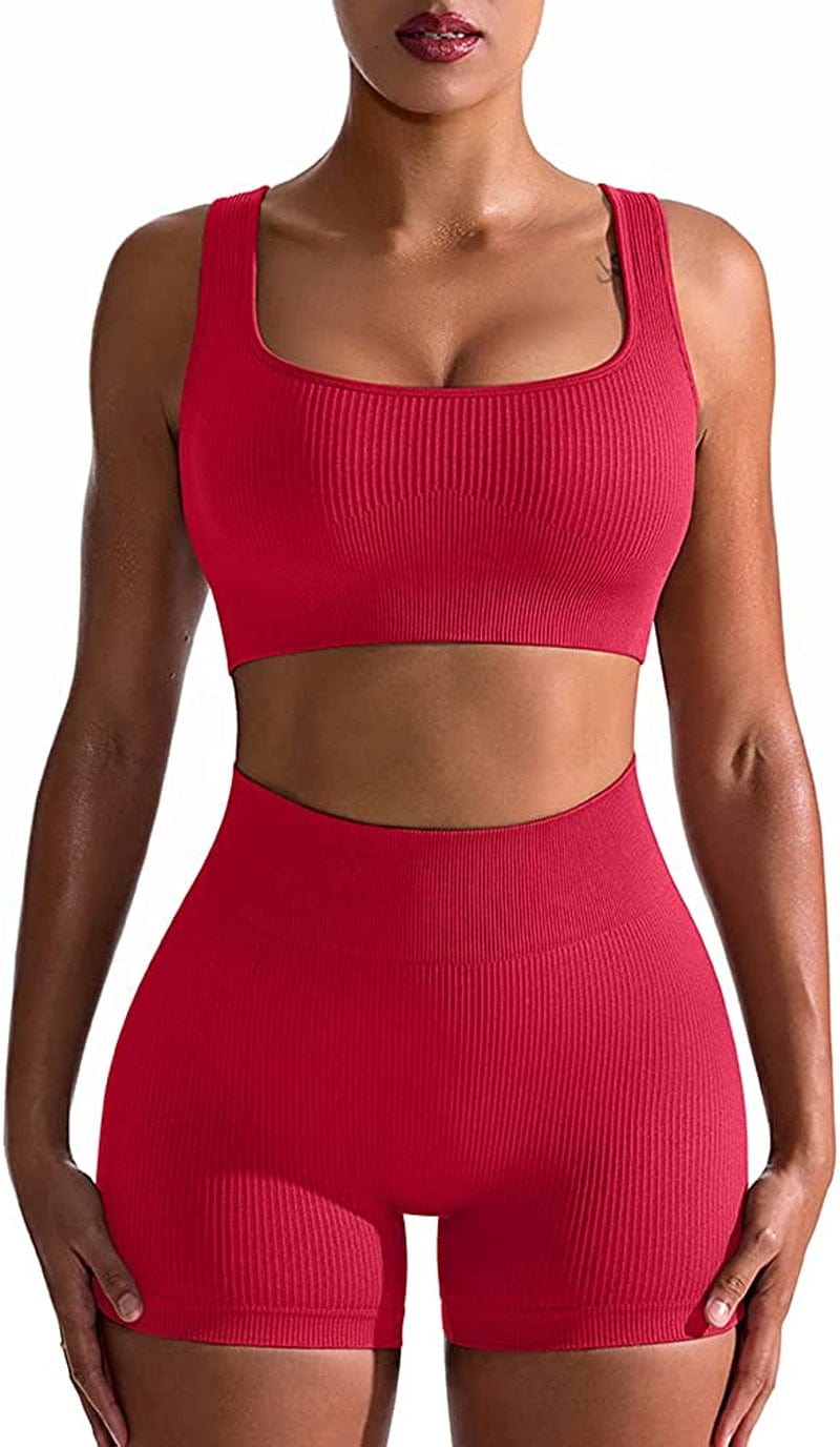 Workout Outfits for Women 2 Piece Seamless Ribbed High Waist Leggings with Sports Bra Exercise Set Brightred / Medium